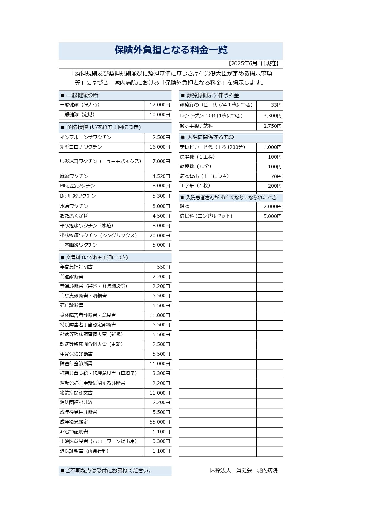 保険適用外分料金表