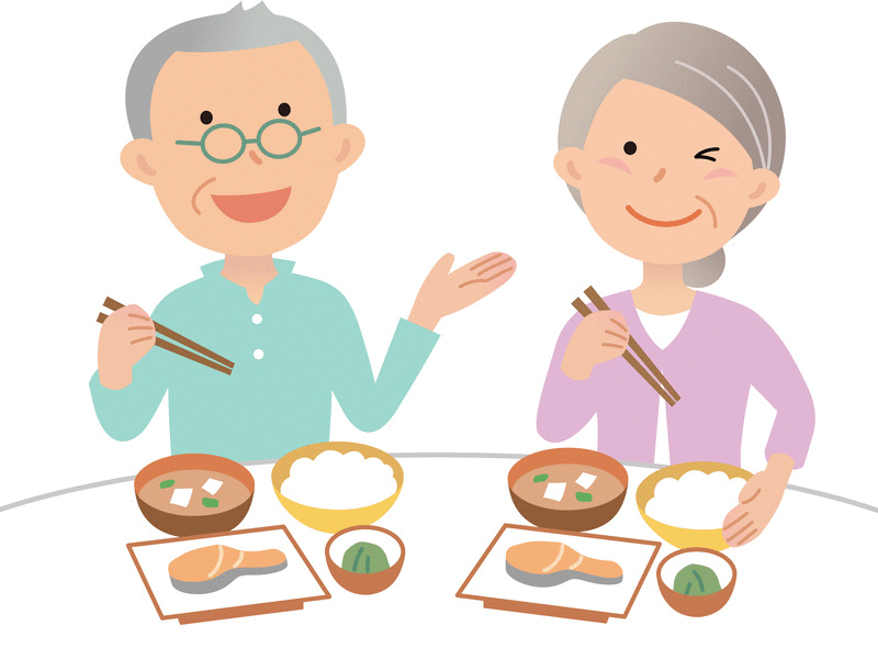 談笑しながら食事をする高齢者夫婦のイラスト