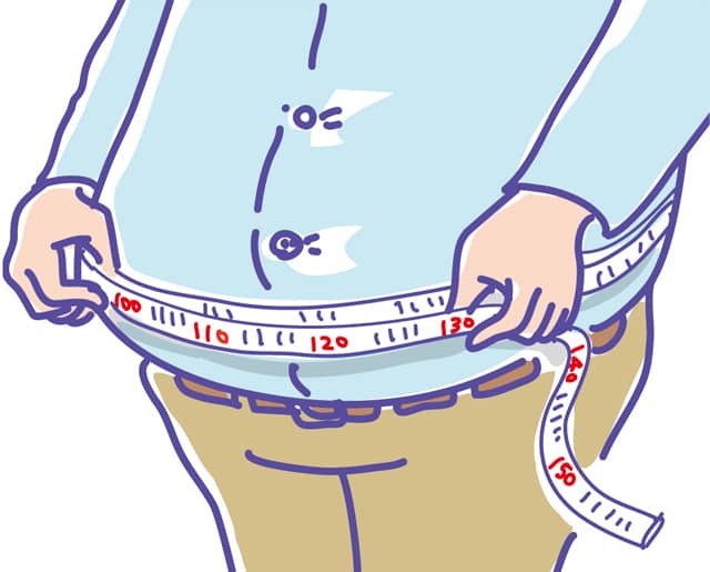 腹回りを測る肥満の人のイラスト