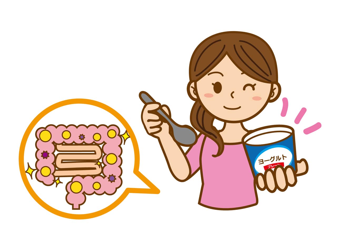 ヨーグルトを持つ女性と腸内のイラスト