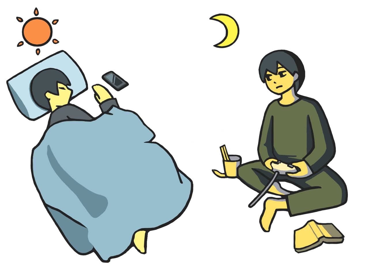 昼寝て夜起きている人のイラスト
