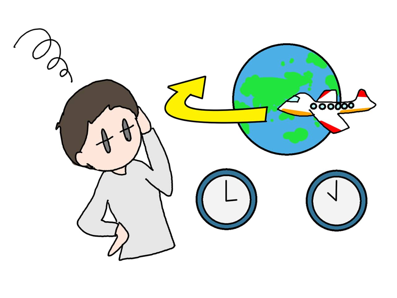 時差ぼけしてる人のイラスト