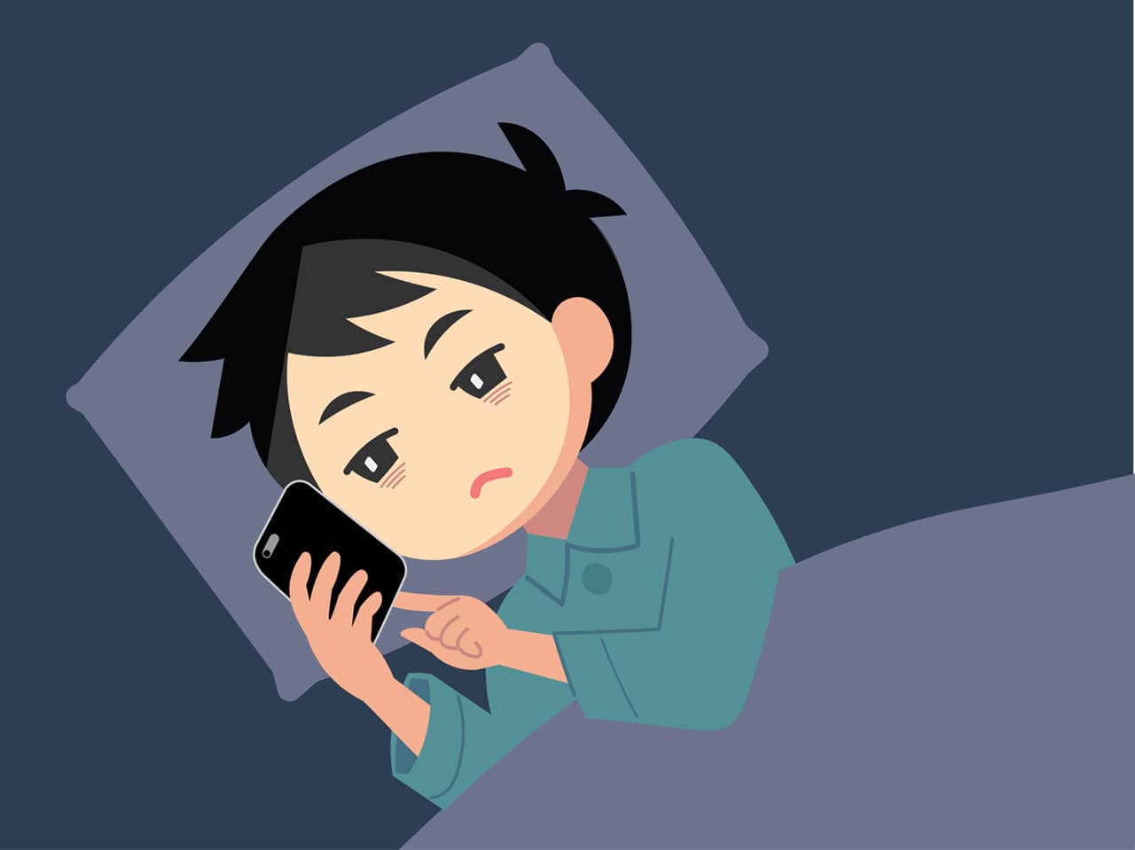 夜布団の中でスマホ見ている人のイラスト