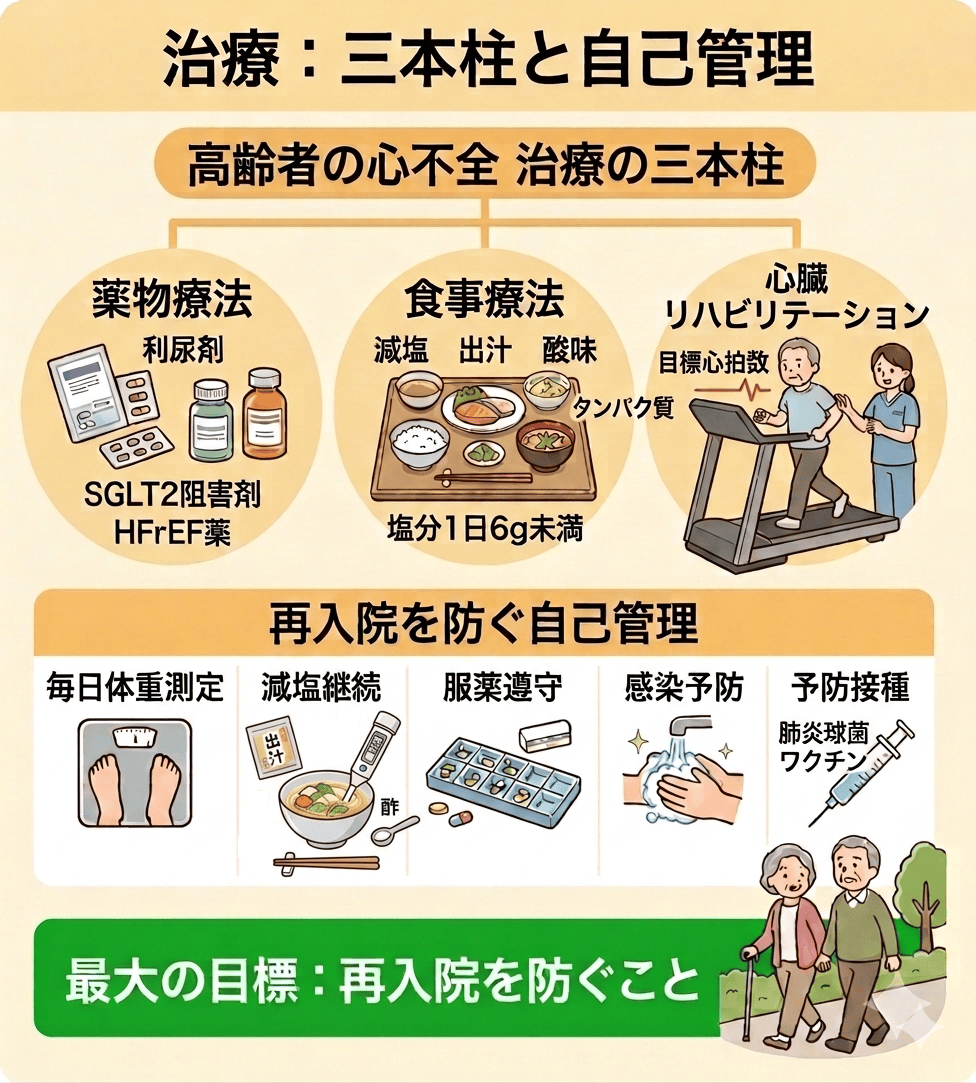 高齢者の心不全の3本柱と自己管理のイラスト