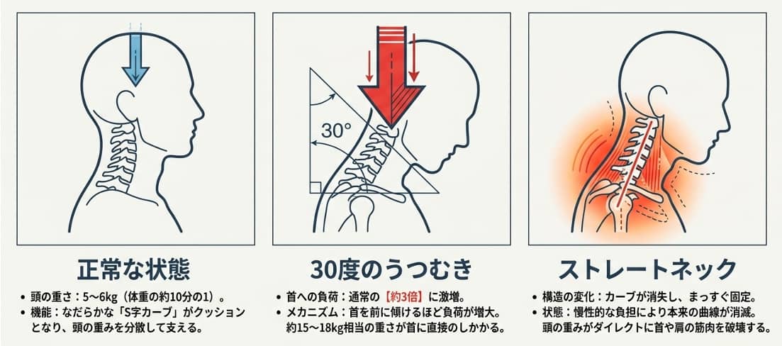 正常な首と、30度のうつむき首と、ストレートネックのイラスト