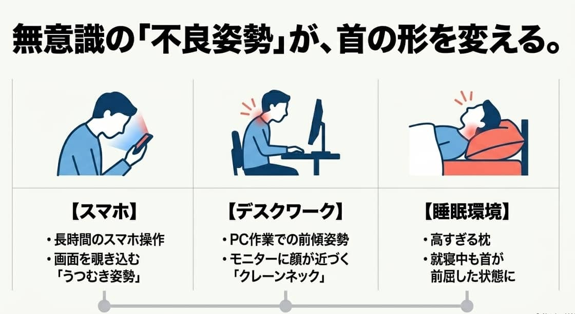 無意識の姿勢が首の形を変える例のイラスト