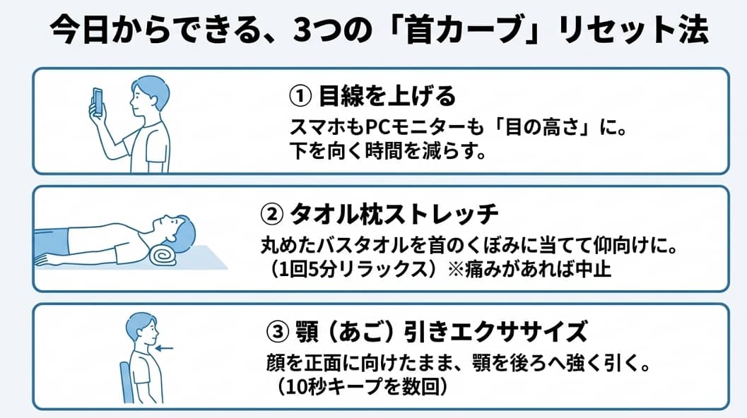「首カーブ」リセット方法のイラスト