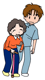 杖をつく高齢者と付きそう看護師のイラスト