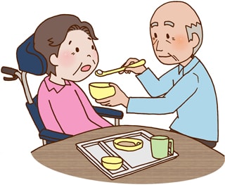 病気の高齢者の女性に食事を食べさせる高齢者の男のイラスト